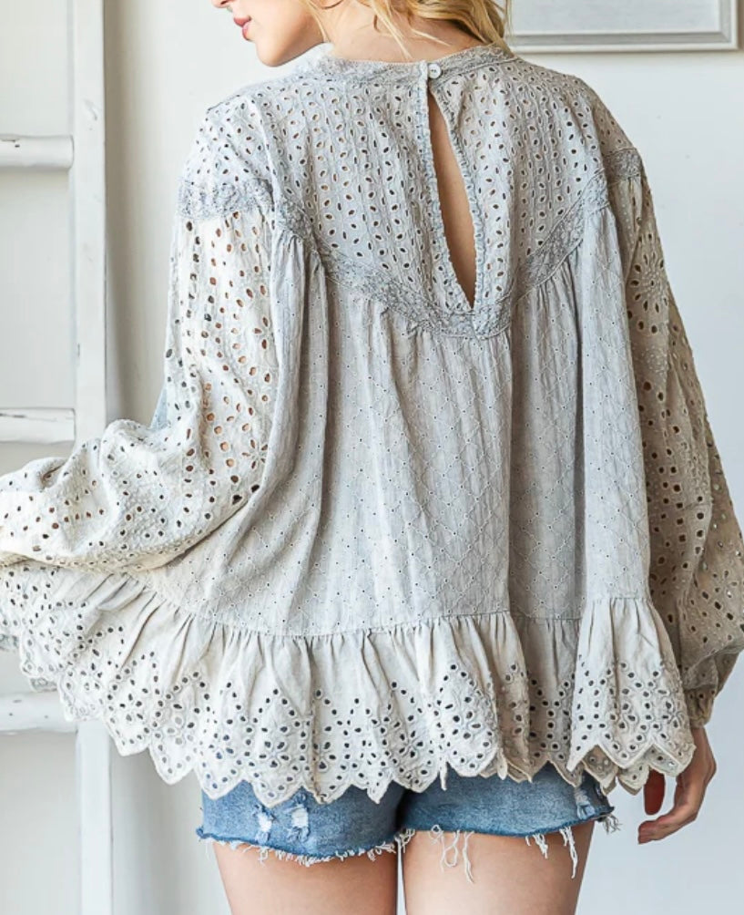 Wild Thing Washed Ruffle Hem Babydoll Eyelet Top