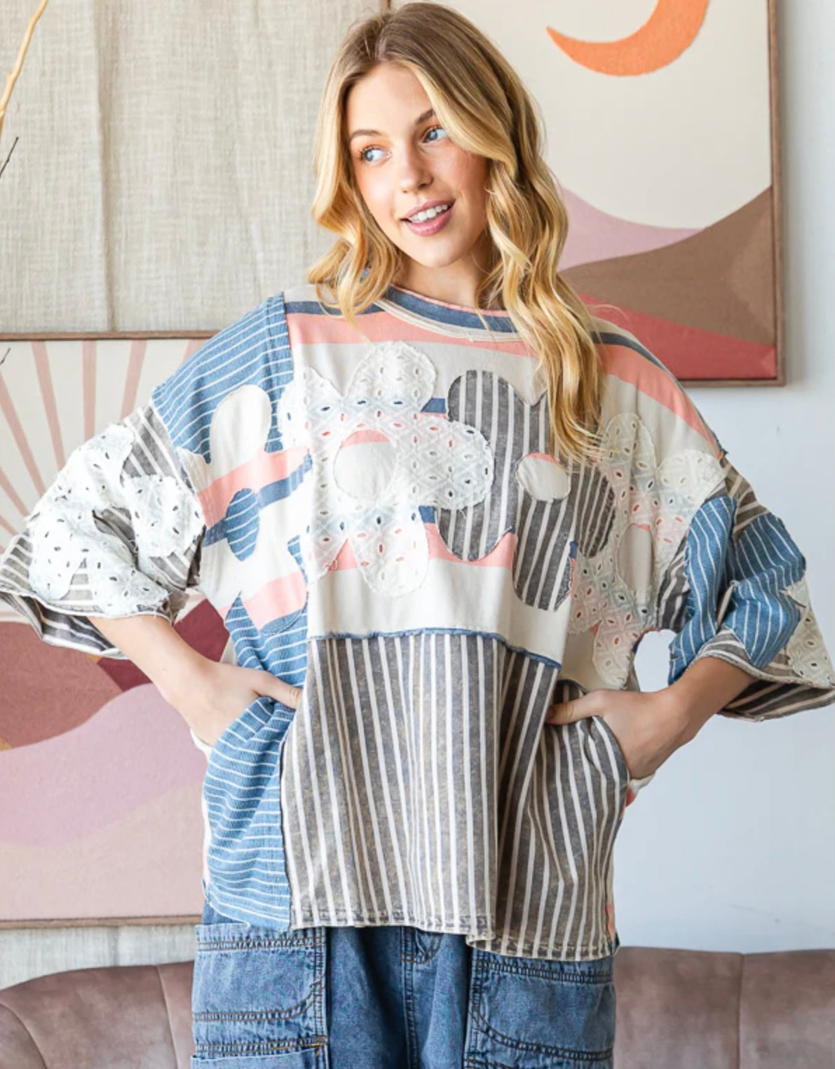 | Washed Flower Patchwork Multi  Striped Top