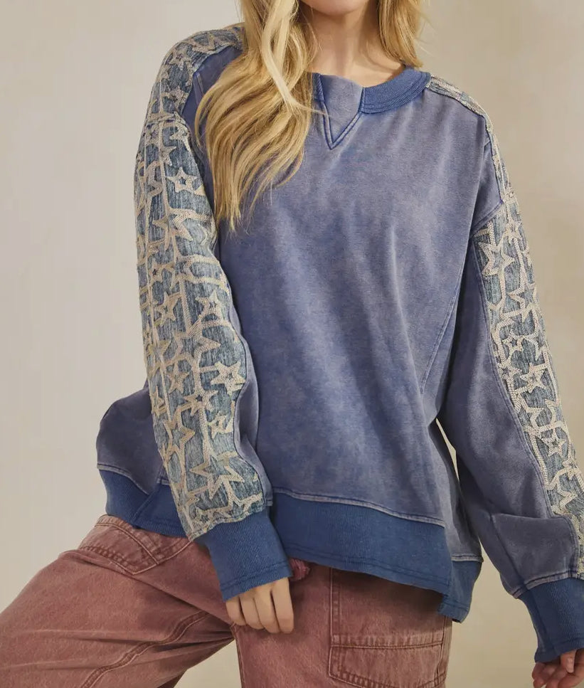 Mineral Wash Denim Star Sleeve Sweatshirt