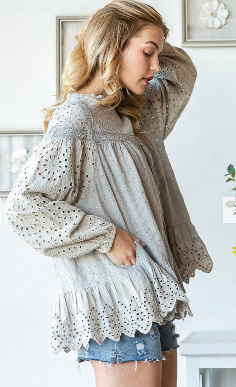 Wild Thing Washed Ruffle Hem Babydoll Eyelet Top