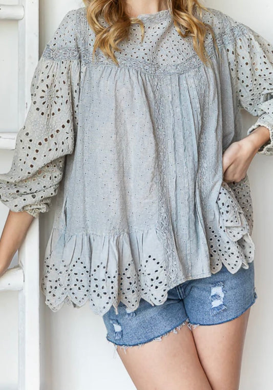 Wild Thing Washed Ruffle Hem Babydoll Eyelet Top